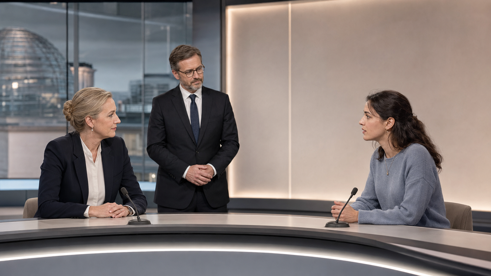 Editorial illustration of an experienced politician and a young student in a television interview
