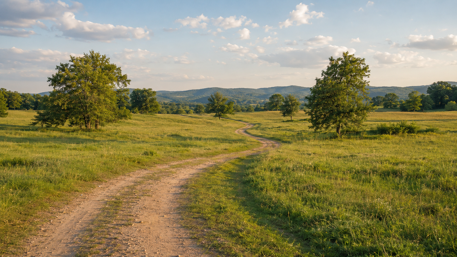 Green rural field with scattered trees and a winding dirt road